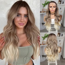 Ergün Collection Bebek Kumralı Platin Ombre ve Röfleli Fiber Sen Geniş Dalgalı Tül Peruk