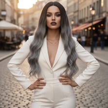 Ergün Collection Fiber Sen Uzun Su Dalgası Peruk / Siyah Gri Ombreli