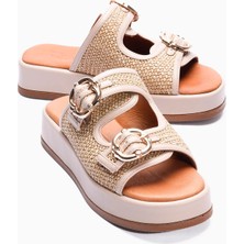 Mubiano Kadın Terlik Hasır Detaylı Çift Bantlı Tokalı Platform Taban Kalista Bej