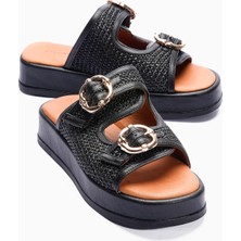 Mubiano Kadın Terlik Hasır Detaylı Çift Bantlı Tokalı Platform Taban Kalista Siyah