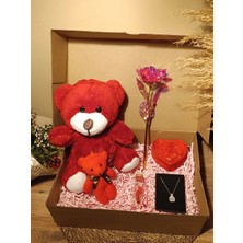 Paganca Kırmızı Ayıcık 25CM - Anahtarlık - Dilek Şişesi - Kalpli Kutu - Sonsuzluk Gülü - Kolye Hediye Seti