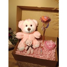 Paganca Pembe Ayıcık 25CM - Ayıcık Anahtarlık - Dilek Şişesi - Kalp Tüllü Kutu - Sonsuzluk Gülü Hediye Seti