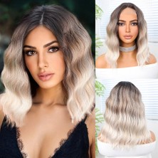 Ergün Collection Kahverengi Bebek Kumralı Beyaz Platin Ombre Küt Tül Peruk