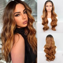 Ergün Collection Siyah Karamel Balköpüğü Ombre Fiber Sen Geniş Dalgalı Tül Peruk