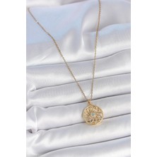 VeraGlobe Buğz 316L Çelik Gold Renk Zincr Mavi Taşlı Lotus Model Kadın Kolye - Buğz