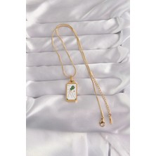 VeraGlobe Buğz 316L Çelik Gold Renk Beyaz Mineli Tarot Kolye - Buğz