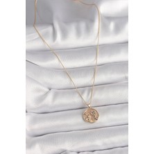 VeraGlobe Buğz Pirinç Gold Renk Zirkon Taş Detaylı Gül Işleme Madalyon Model Kadın Kolye - Buğz