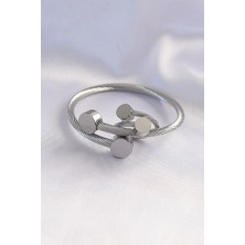 VeraGlobe Buğz 316L Çelik Gümüş Renk Oval Aksesuarlı Burgu Model Bileklik ve Yüzük Kombini - Buğz