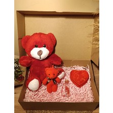 Paganca Kırmızı Ayıcık 25CM - Ayıcık Anahtarlık - Dilek Şişesi - Kalp Tüllü Kutu Hediye Seti