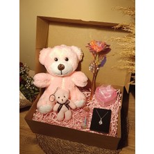 Paganca Pembe Ayıcık 25CM - Anahtarlık - Dilek Şişesi - Kalpli Kutu - Sonsuzluk Gülü - Kolye Hediye Seti