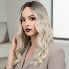 Ergün Collection Dalgalı Perçemli Fiber Sen Orta Boy Peruk / Kahverengi / Beyaz Platin Ombreli