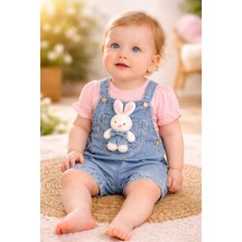 Almira Anne Bebek Kız Bebek Tavşan Detaylı Kısa Kollu Kot Tişört ve Bahçıvan Tulum