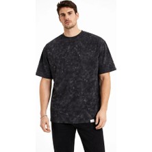 Adisia Erkek Asit Yıkama Bisiklet Yaka Kısa Kollu Oversize T-Shirt Tişört - Siyah