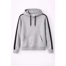 Moda Loris Erkek Şeritli Kapüşonlu Sweatshirt Oversize 3 Iplik Pamuklu - Gri