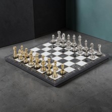 Elifeshop Lüks Metal Satranç Takımı Krom Kaplama Klasik Gold Temalı Figür – Siyah Mermer Desenli Tahta 20 Cm.