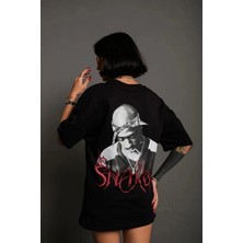 Glam Love Kadın Baskılı T-Shirt Oversize kısa Kol Bisiklet Yaka Tişort- Siyah