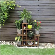 Nuvvo Ahşap (Çam) Ceviz Renk 6 Katlı Bitki Standı, Kilitlenebilir Tekerlekler + Mini Bahçe Seti + My