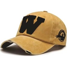 Nuvvo Arel - W Model Eskitme Beyzbol Şapkası, Sarı Renk, Vintage Yıpranmış Görünümlü, Pamuklu, Hat, Cap