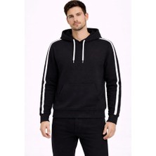 Sidelya Concept Erkek Şeritli Kapüşonlu Sweatshirt Oversize 3 Iplik Pamuklu - Siyah