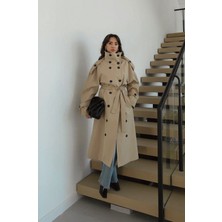 BRTC Design Kadın Camel Premium Önü Full Düğmeli Kuşaklı Dik Yaka Trençkot