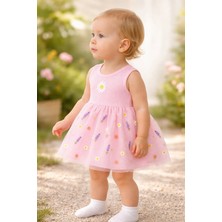 Almira Anne Bebek Kız Bebek Çiçek Nakışlı Tüllü Sıfır Kol Pembe Elbise