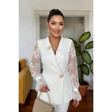 Zishan Fashion Güpür Kol Detaylı Kruvaze Blazer Ceket & Pantolon Takımı - Premium Krep Kumaş | 36055