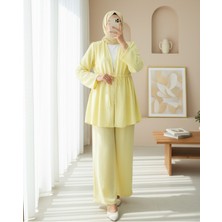 Modamorfo Taşlı Bol Paça Pantolonlu Tünel Bağcıklı Kimono Takım -Sarı