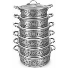 Copper Empire Lüks Işlemeli Gümüş Görünümlü 6’lı Tencere Seti 21 cm - 31 cm