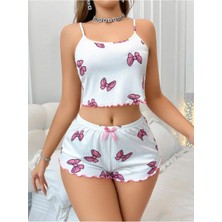 Nuitamore Beyaz Kelebek Desenli Crop Şortlu Kadın Pijama Takımı – Pamuklu Ribana –