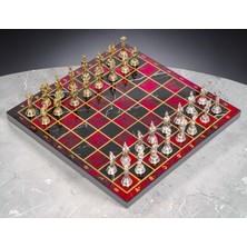 Elifeshop Lüks Metal Satranç Takımı Krom Kaplama Roma Ordusu Figür & Alev Kırmızı Mermer Desenli Tahta 20 Cm.