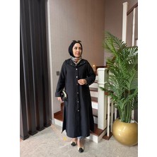 Moda Cupra Kumaş Çıtçıtlı Kapüşonlu Giy-Çık Kap 120 cm Tesettür Kap Siyah Günlük Şık Kap