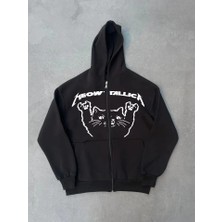 Gacha Kışlık Baskılı Fermuarlı Kapüşonlu Hırka - Siyah