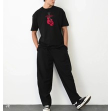 Glam Love Bisiklet Yaka Baskılı Oversize T-Shirt - Siyah -