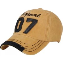 Nuvvo Vintage Tarzı '07' Yazılı Eskitilmiş Beyzbol Şapkası, Sarı Renk, Ayarlanabilir, Pamuklu, Hat, Cap