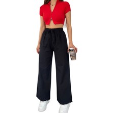 AK-SA-STR Palazzo Pantolon Paçası Püsküllü -Siyah