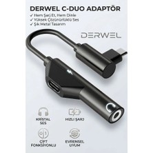 Derwell Type-C To 3.5mm Aux Ses ve Şarj Adaptörü Kulaklık Aux Ses ve Şarj 2'si 1 Arada Kompakt Tasarım Tak Çalıştır Siyah