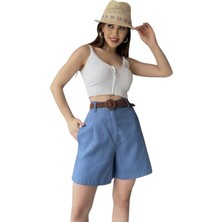 AK-SA-STR Rahat Kesim Kemerli Mom Şort-Açık Mavi