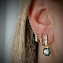 Lente Aksesuar Kadın Xuping Gold Siyah Taşlı Geometrik Küpe Kombini