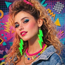 Skygo 80 Ler 90 Lar Retro Neon Yeşil Şimşek Küpe 10 cm