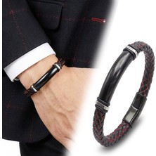 Fm 💎 Premium İsim Yazılabilir Kırmızı Siyah Deri Ve Siyah Titanyum Kilit Bileklik 31833B15D7 - 20 cm
