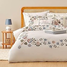 Indispensablely Maison Çiçek DESENLI%100 Pamuk Saten Nevresim Seti, Beyaz, Çift Kişilik (Nevresim: 20