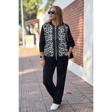 Deridün Yıldız Shoes Kadın Uzun Kollu Önden Fermuarlı Leopar Desenli Viskon Iki Iplik Bluz ve Pantolon Ikili Takım