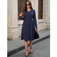 Deridün Yıldız Shoes Kadın Uzun Kollu V Yakalı Cepli Midi Ithal Krep Elbise