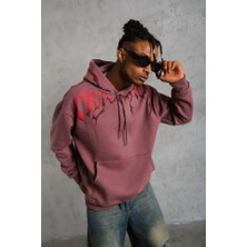 Moda Loris Erkek Ön ve Arka Baskılı Kapüşonlu 3 Iplik Sweatshirt - Gül Kurusu
