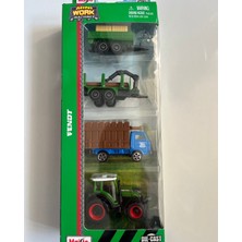 Mavi Su Dünyası Mini Work Özel Üretim Yeşil Iş Makinaları Metal Traktör Seti 4 Parçalı Set 8 cm Arabalar