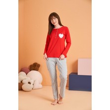 Pjs Kadın Anne-Kız %100 Pamuklu Kalpli Desenli Çizgili Uzun Kollu Pijama Takım