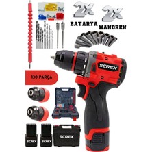 SCREX Kömürsüz 130 Parça Çelik Mandren Darbeli Armut Batarya Matkap+Çelik Mandren Hediye