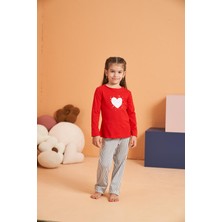 Pjs Kız Çocuk Anne-Kız %100 Pamuklu Kalpli Desenli Çizgili Uzun Kollu Pijama Takım