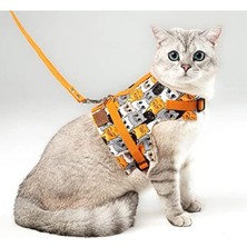 Esranın Dünyası Kaçış Önleyici Kedi ve Küçük Irk Köpek Gezdirme Tasması - Turuncu Kedi Desenli