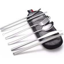 Esranın Dünyası Paslanmaz Çelik 8 Parça Çatal Bıçak Kaşık Seti - Taşınabilir Çanta ile